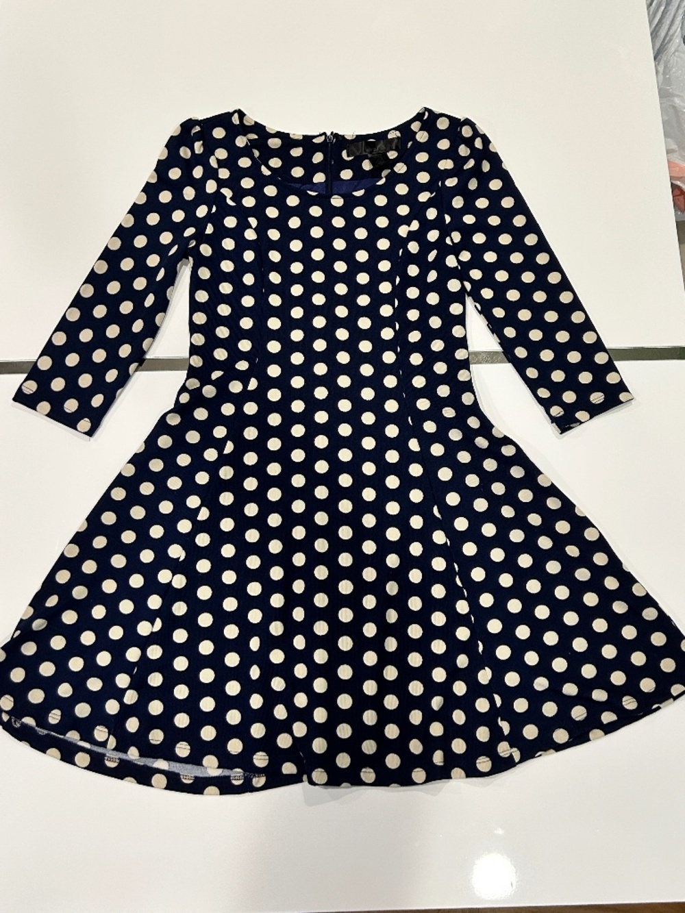 Fit Flare Stretchy Navy Blue with Allover White Polka Dot Dress 3/4 Sleeves